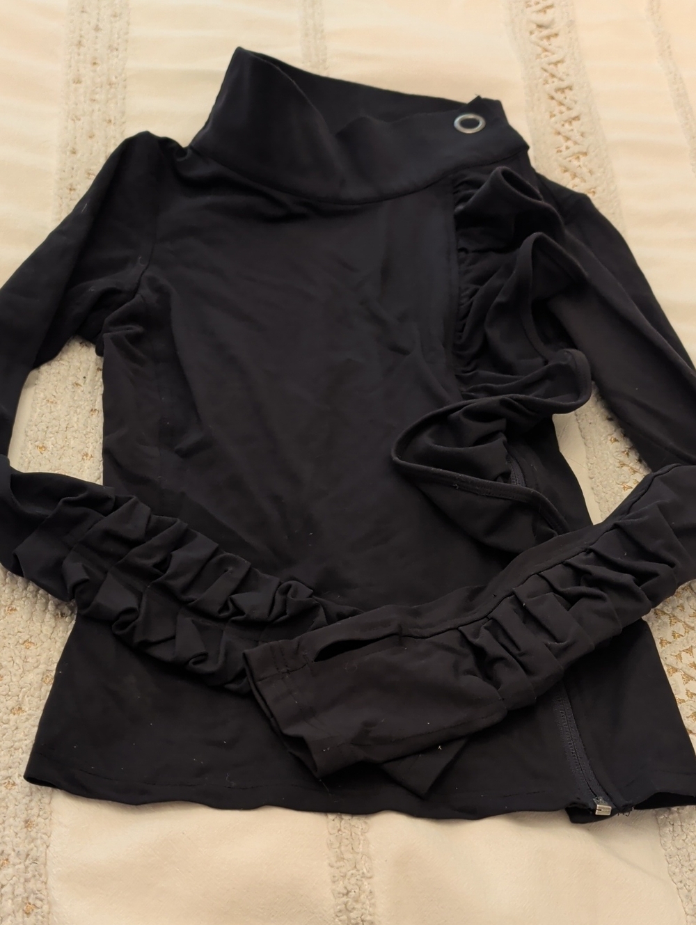 Karma Black Long Sleeve Top with Ruffle Accent and Grommet Collar